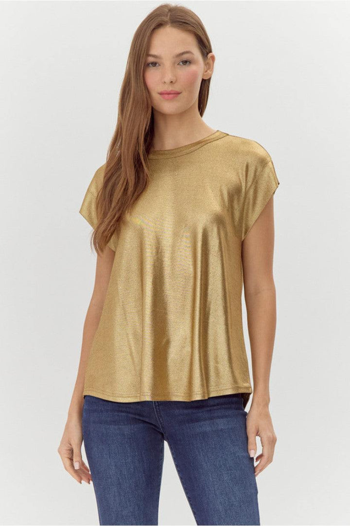 Metallic Cap Sleeve Knit T-Shirt