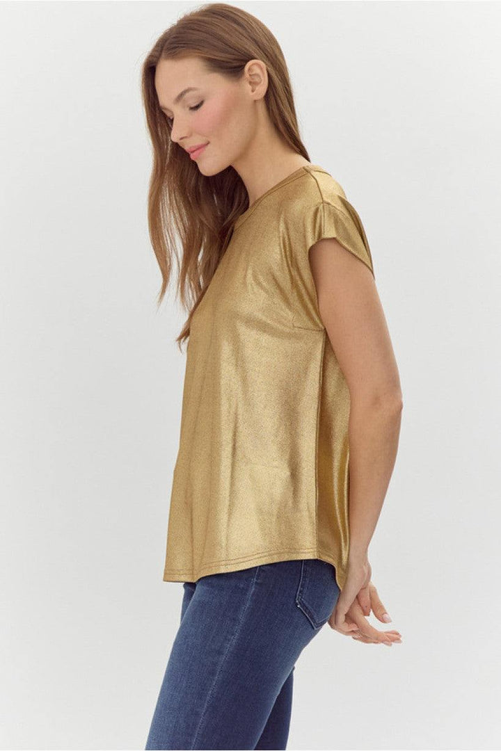 Metallic Cap Sleeve Knit T-Shirt