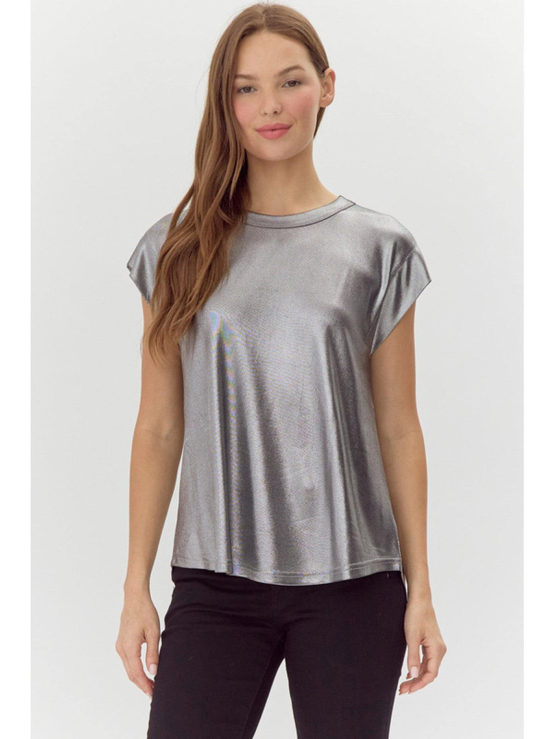 Metallic Cap Sleeve Knit T-Shirt