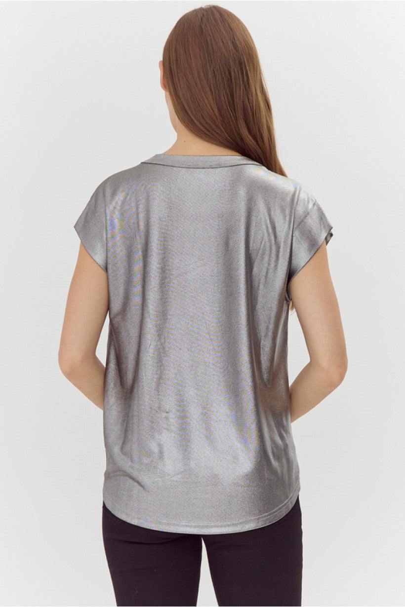 Metallic Cap Sleeve Knit T-Shirt