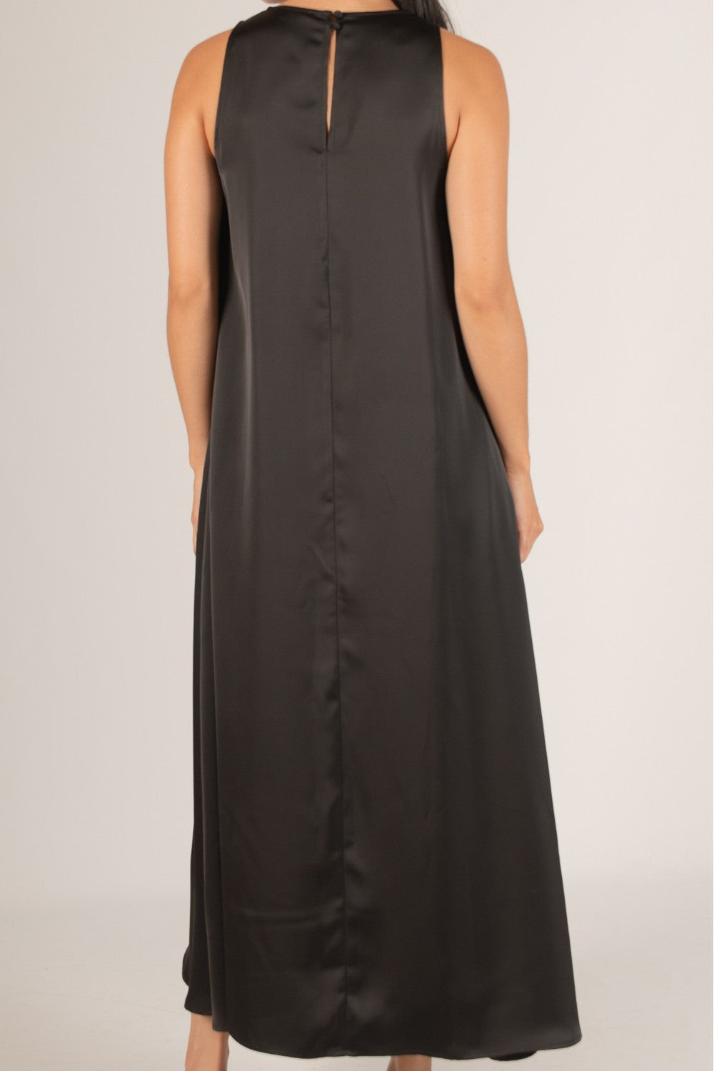 A-Line Satin Maxi Dress black color silky floor length dress with slits and pockets