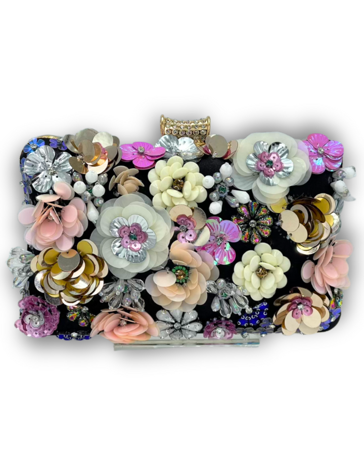 Beaded Applique Flowers Evening Clutch black background 