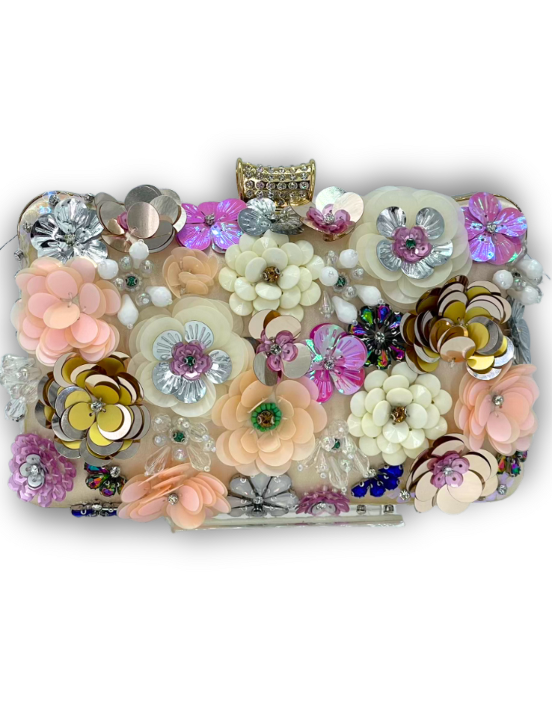 Beaded Applique Flowers Evening Clutch cream background 