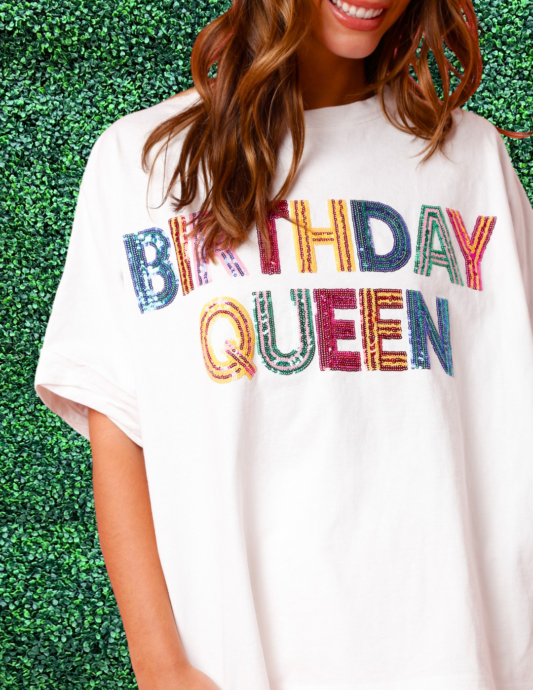 Boxy white Tee "Birthday Queen" sequin t shirt womens boutique houston texas