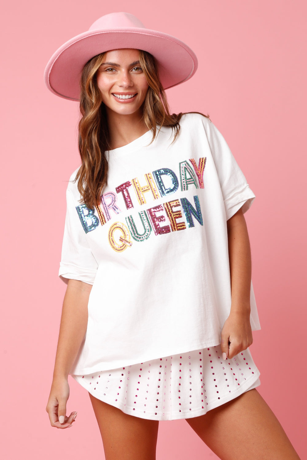 Boxy white Tee "Birthday Queen" sequin t shirt womens boutique houston texas womens gift store