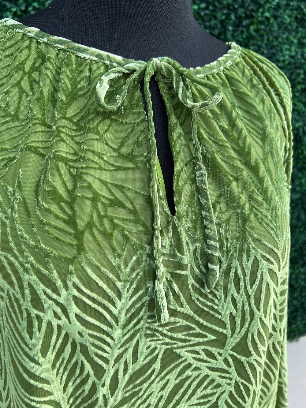 Burnout green fall Leaves Blouse joy joy tres chic boutique women over 50 bow at neck