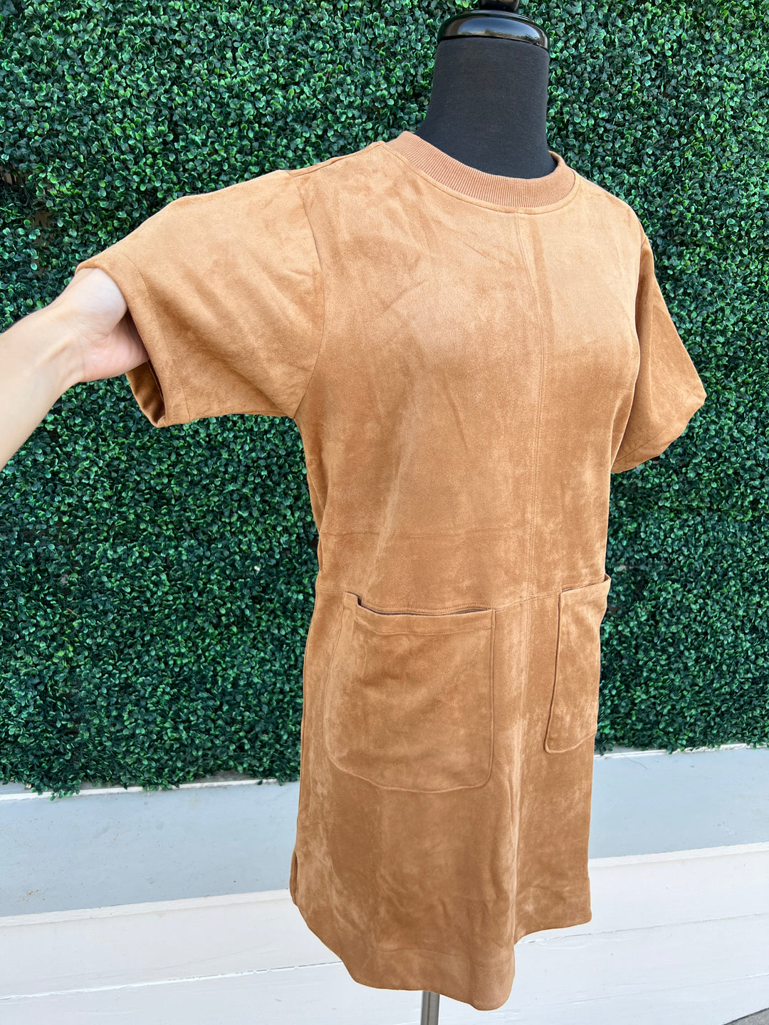 Camel Faux Suede Shift Dress with front pockets at thighs jackie o style fall winter 2024