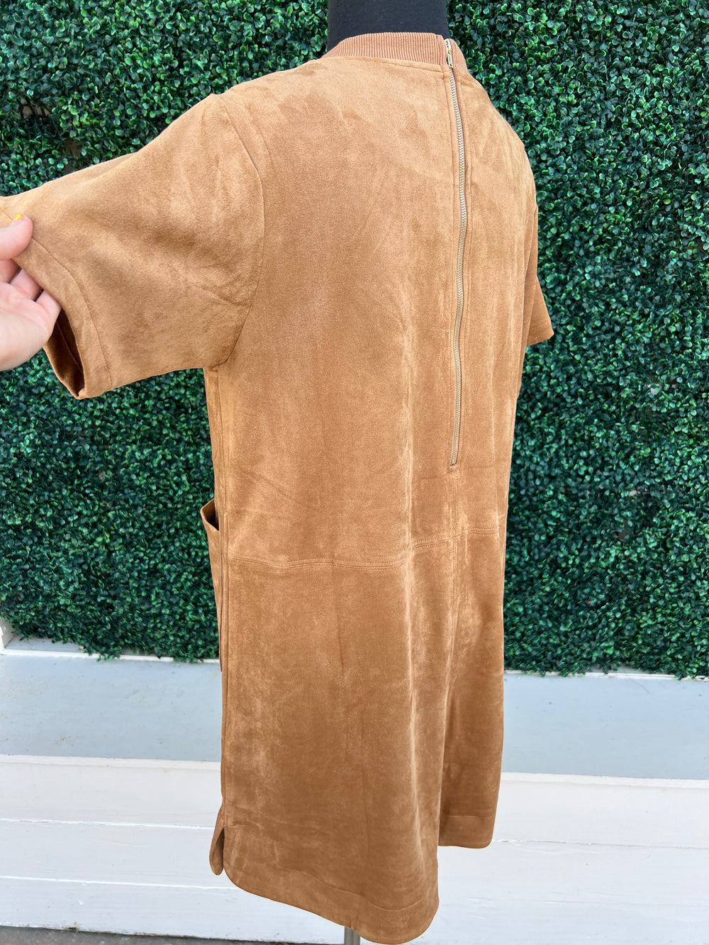 Camel Faux Suede Shift Dress with front pockets at thighs jackie o style fall winter 2024 short sleeve