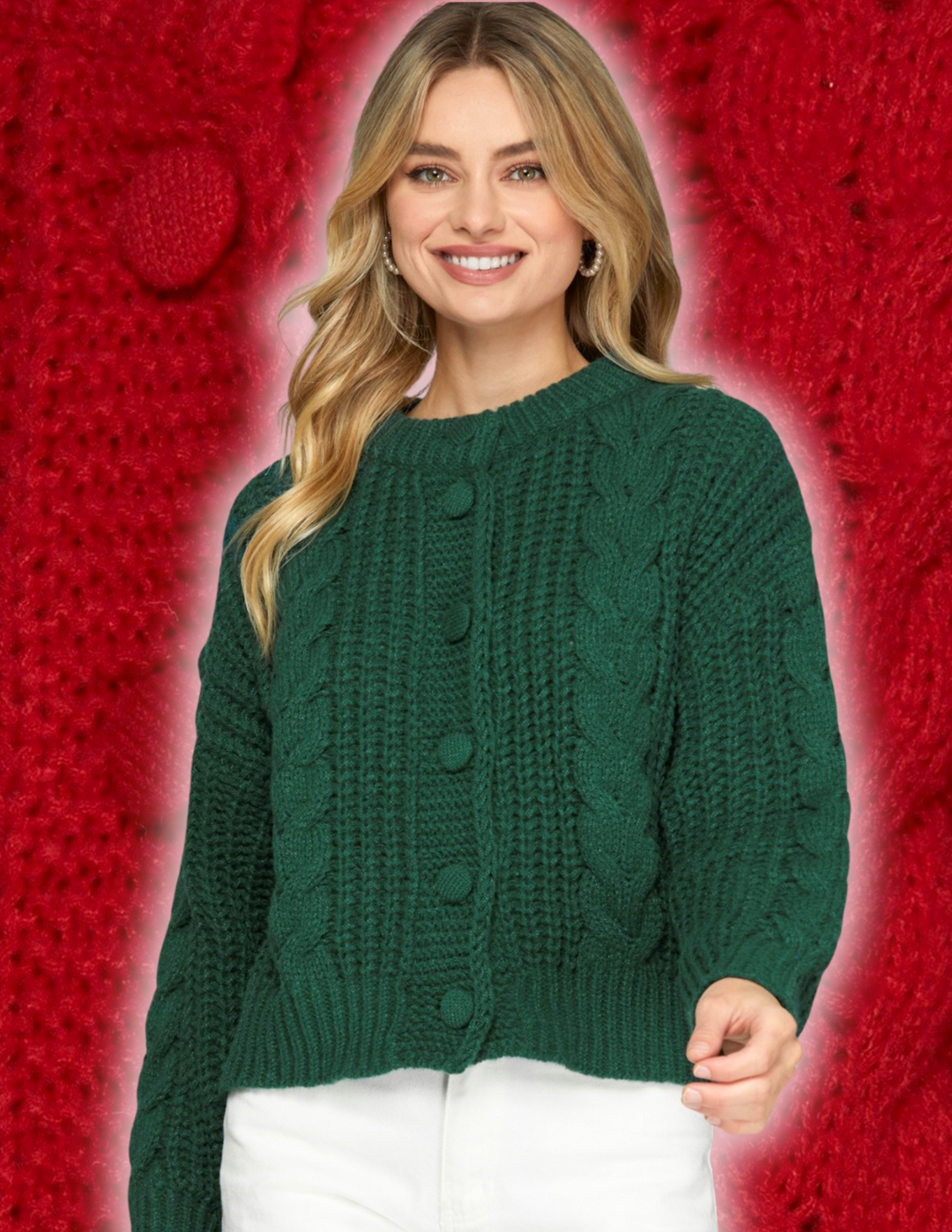 Chunky Cable Knit Cardigan sweater hunter green and festive christmas red trendy outfit ideas online boutique winter fall 2024