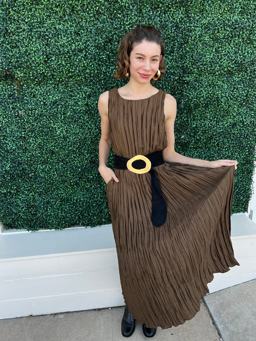 Crinkle Pleated Maxi Dress taupe with belt for holiday event fall winter 2024