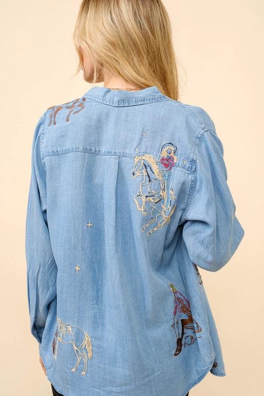 Embroidered Blouse rodeo denim HLSR outfits