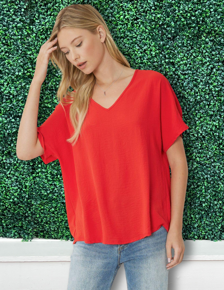 Entro brand basic oversized lightweight colorful tops v neck red