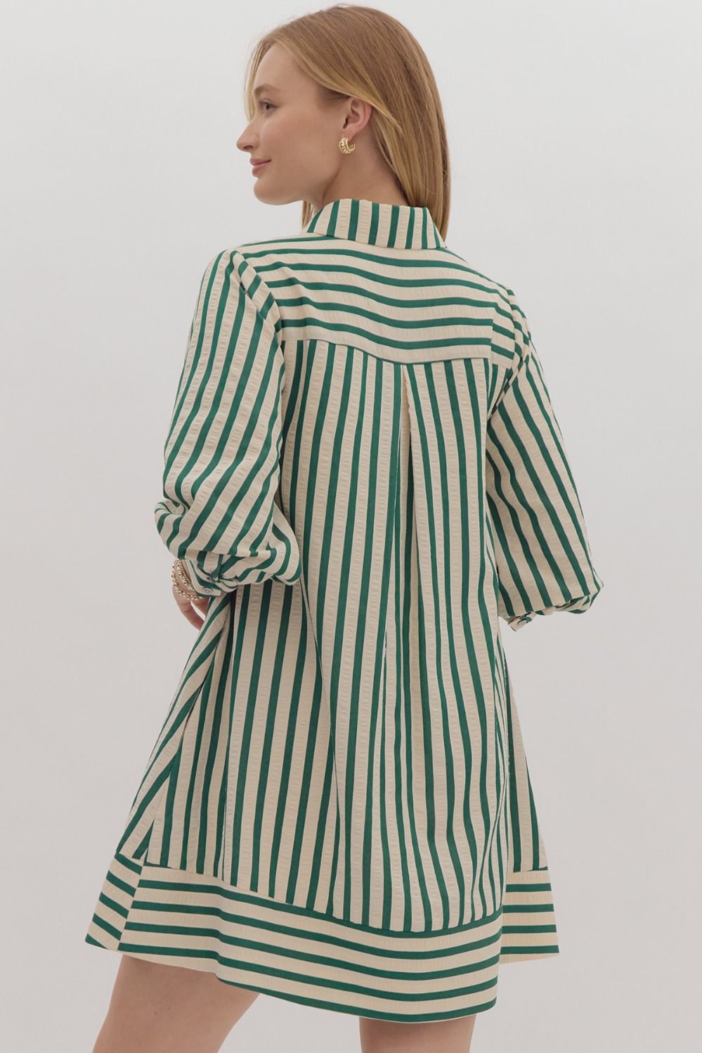 Green Candy Cane Striped Seersucker Dress tres chic womens boutique with entro brand clothing houston texas fall winter outfit ideas western style