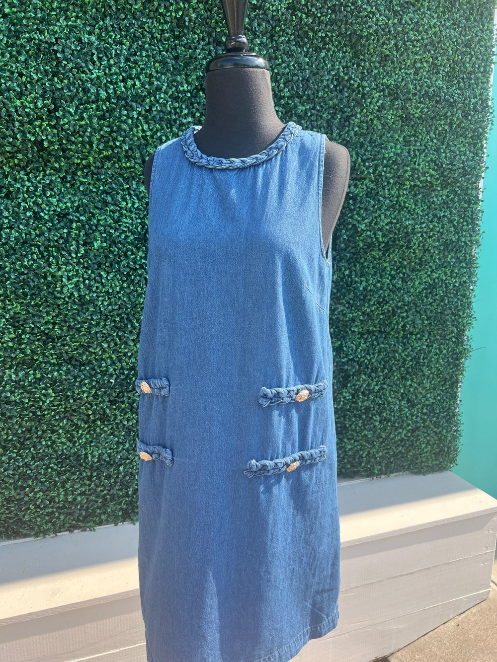 Denim round neck sleeveless mini dress featuring braid detailing entro brand womens boutique