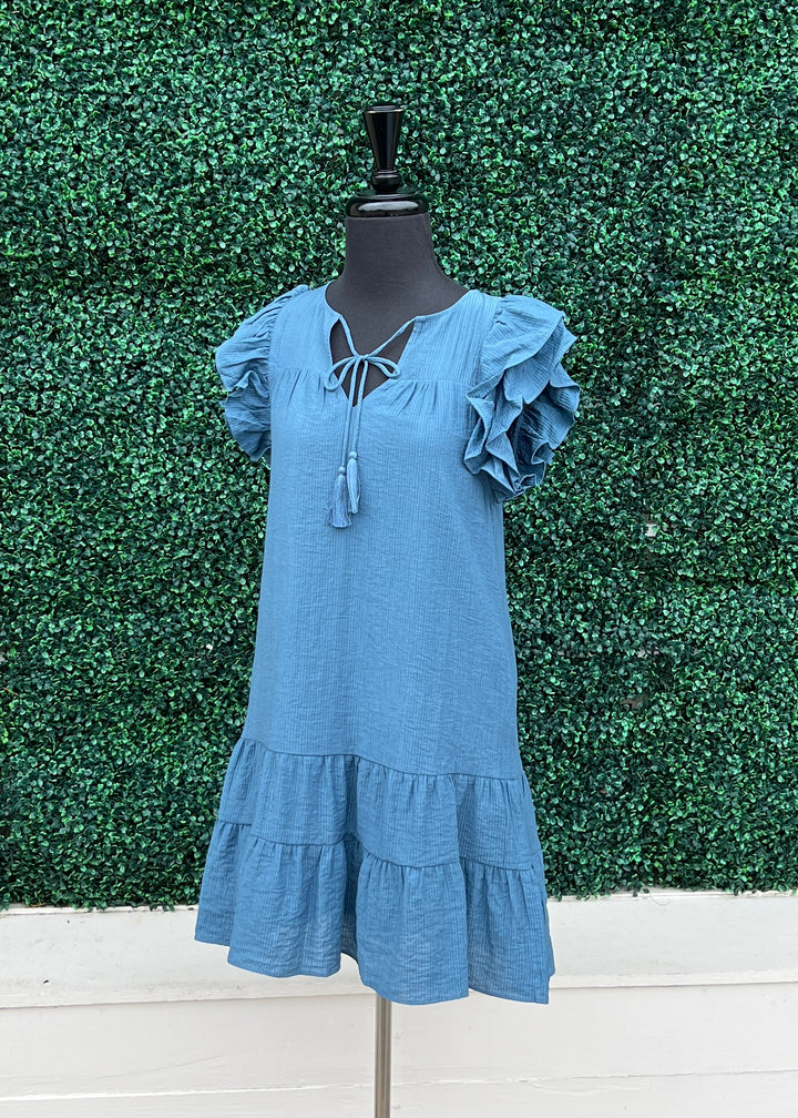 flutter sleeve ruffle hem dress textured lightweight crinkle dusty blue womens boutique