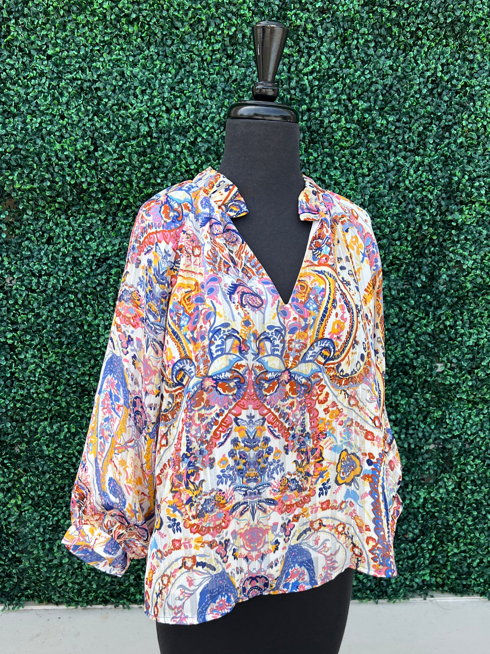 Fall Paisley Print Blouse that cover arms at tres chic boutique colorful prints