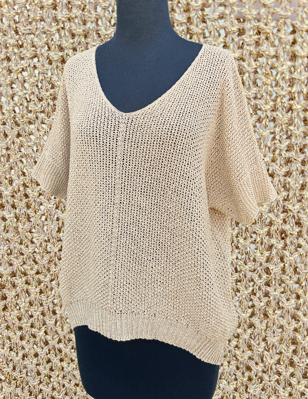 Milio Milano Inc gold metallic open knit sheer blouse