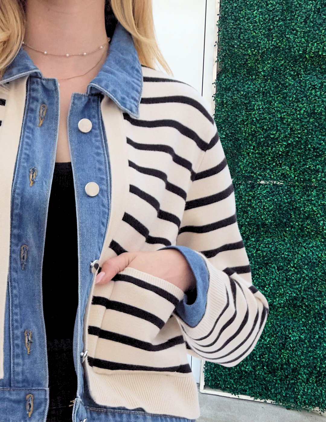 Mock Layered Sweater Over Denim Jacket black stripes on cream background medium wash with pockets