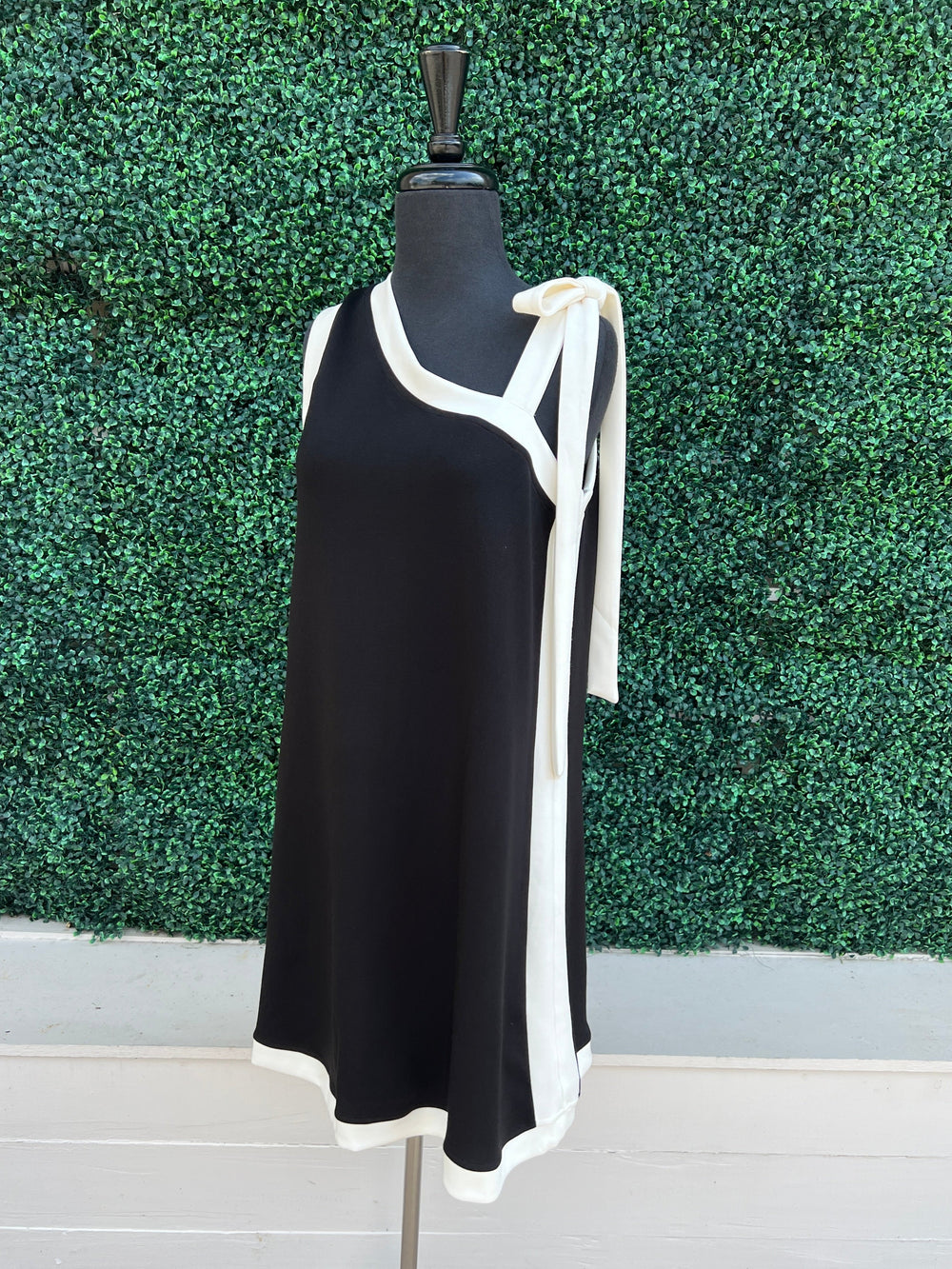 white trim little black dress casual comfy one shoulder tie womens boutique