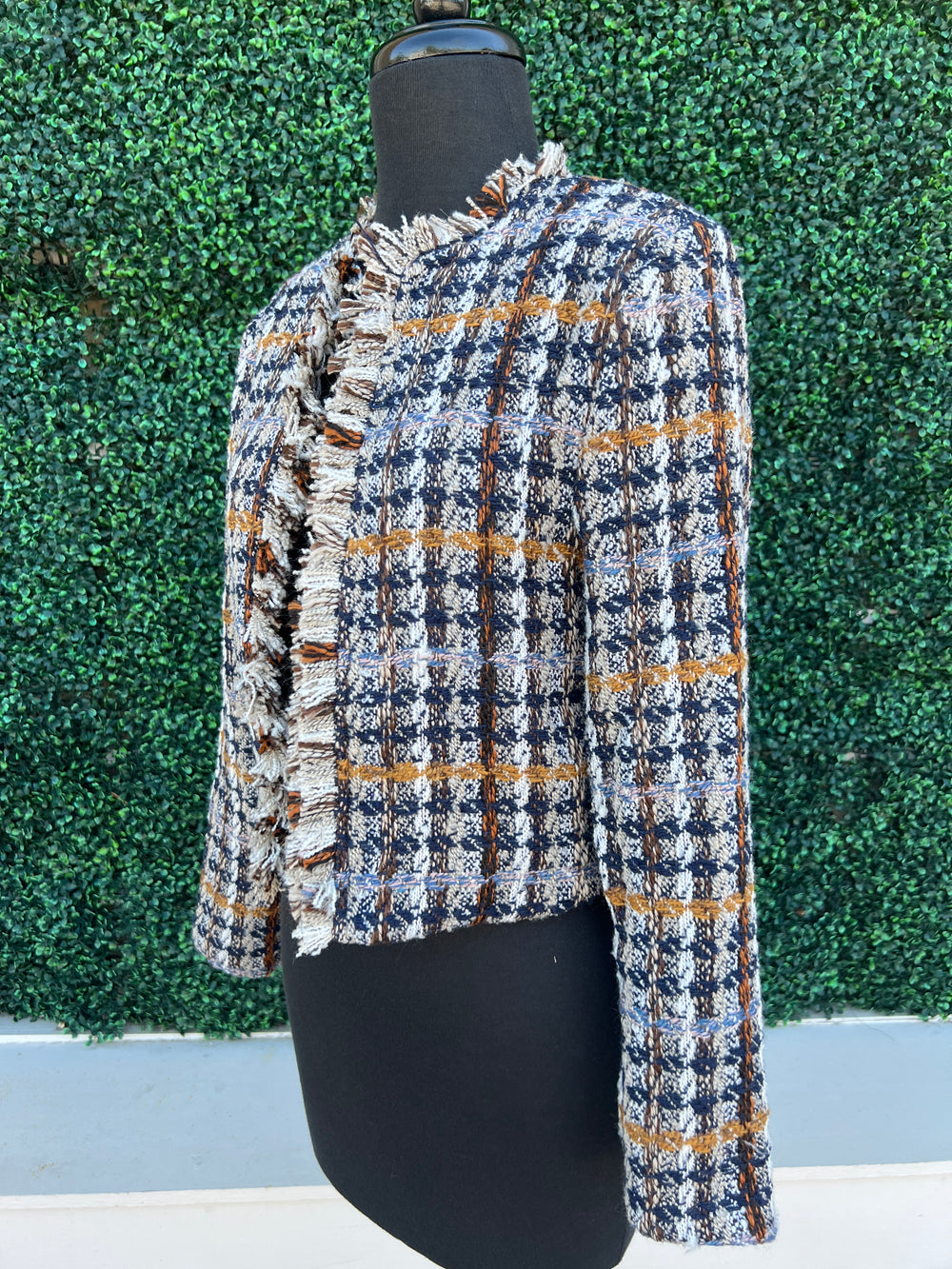 Plaid print Tweed Boxy Blazer fall colors trendy boutique online houston texas