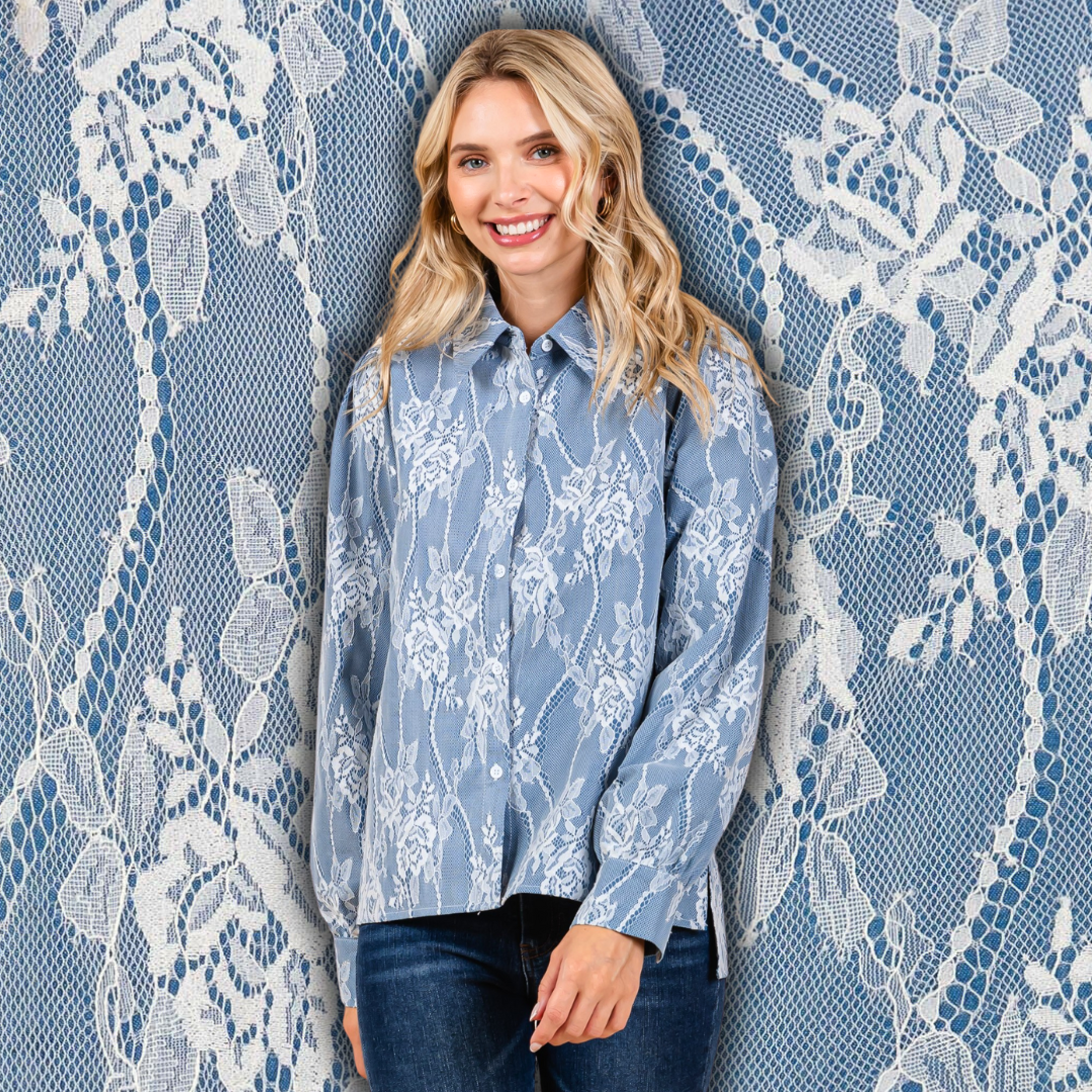 Rodeo Houston Fall 2024 blouse with light denim and white lace overlay