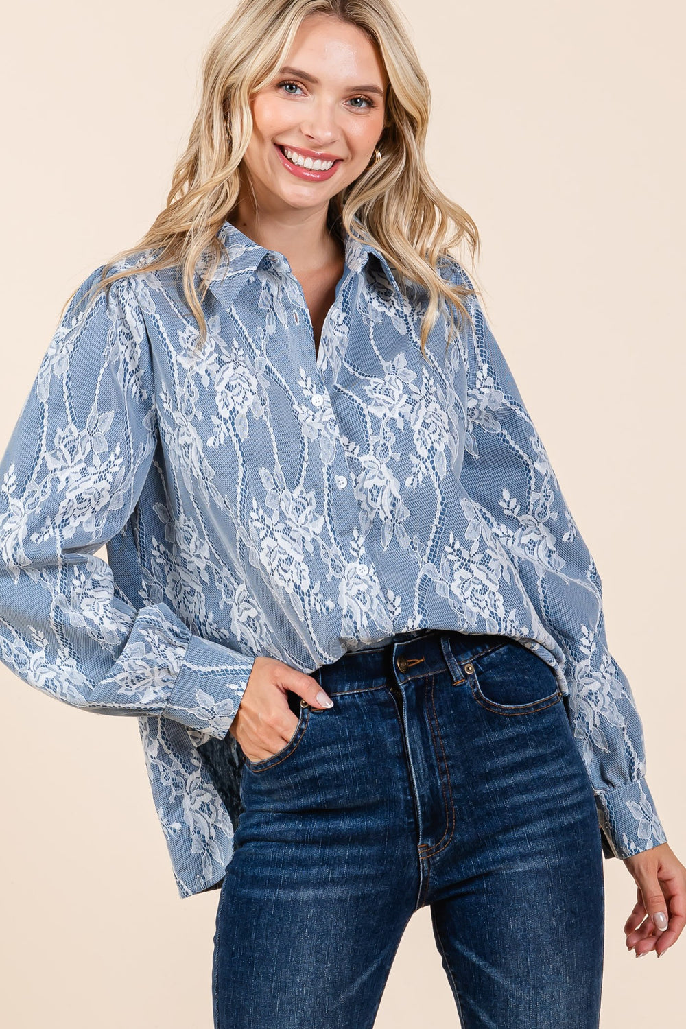 Rodeo Houston Fall 2024 blouse with light denim and white lace overlay tres chic boutique