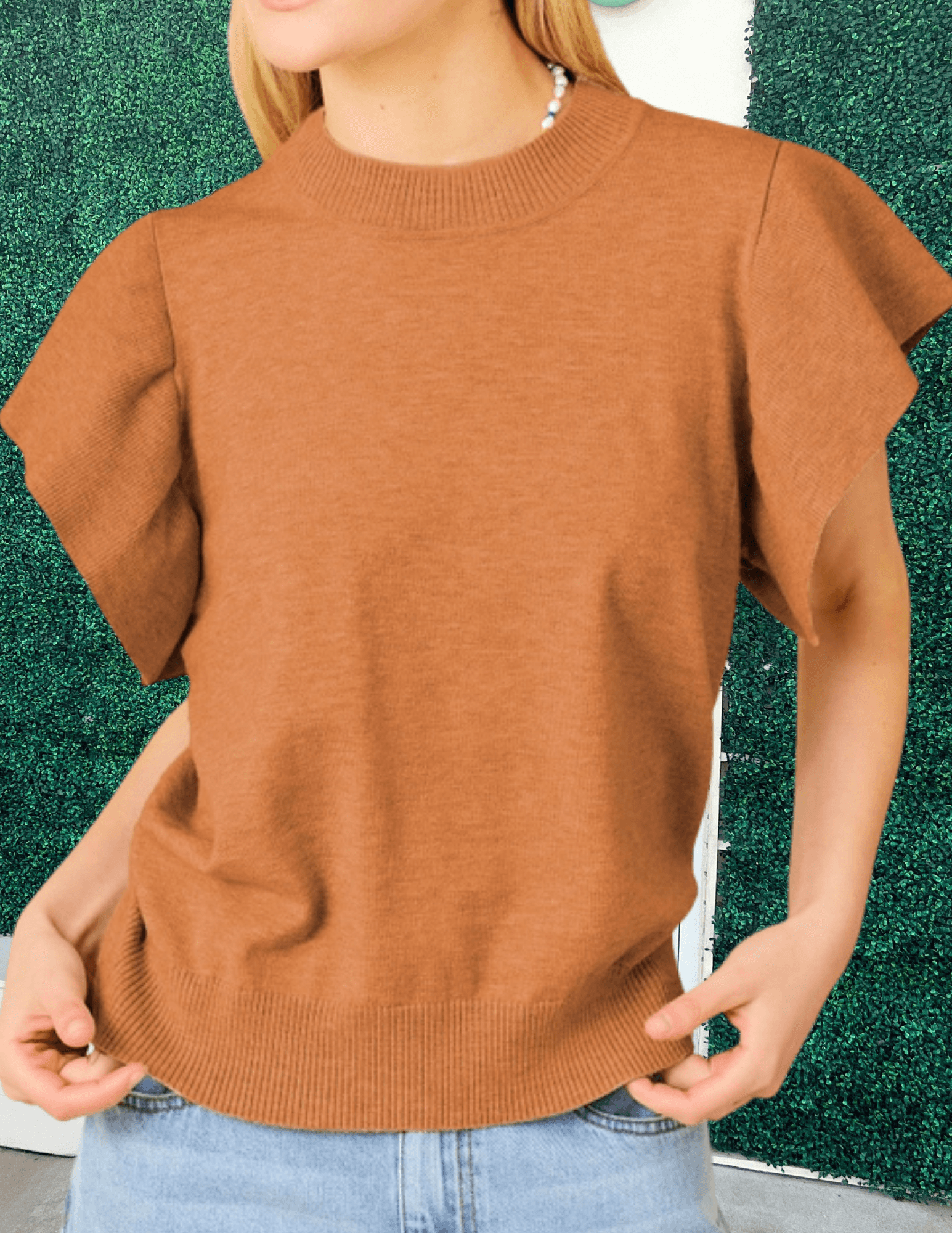 Ruffle Sleeve T-Shirt Sweater in camel