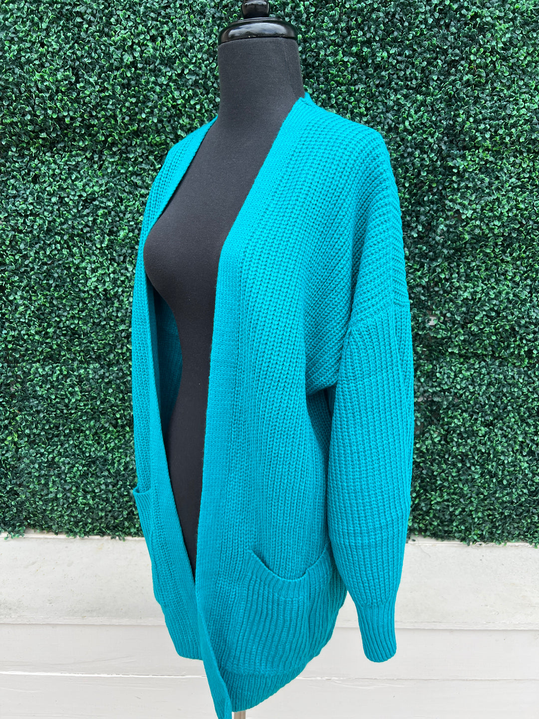 Teal Open Cardigan she and sky brand for fall winter 2024