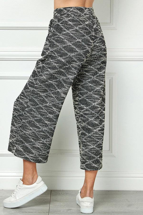 Tweed pattern athleisure wide-leg pants black and white