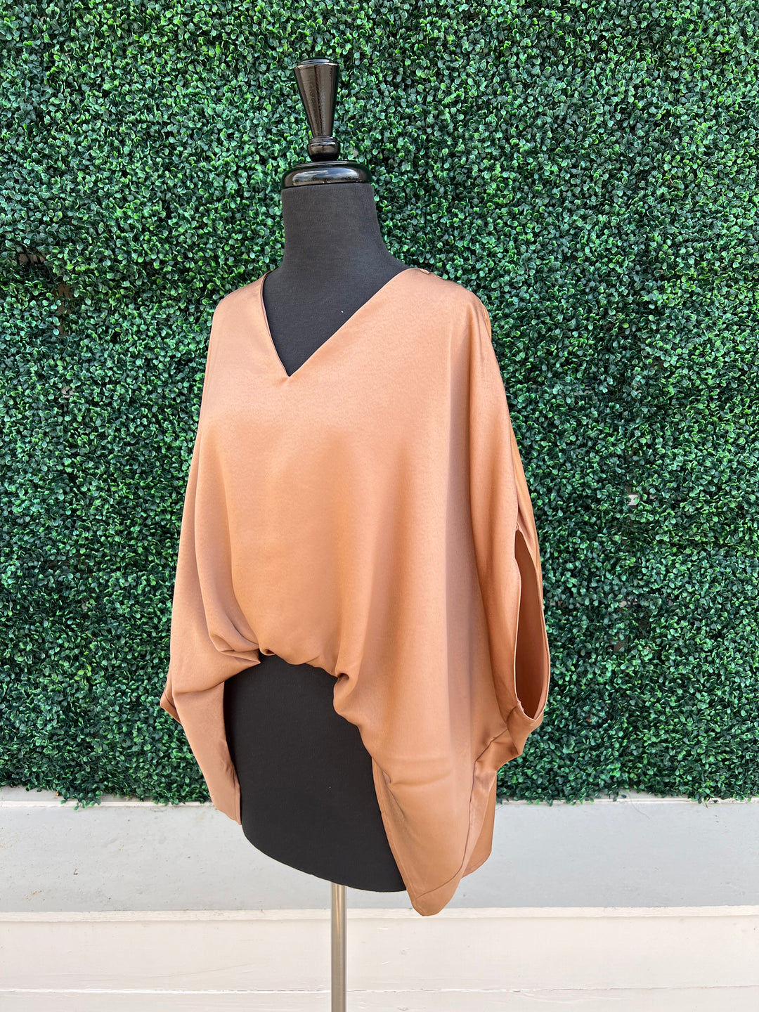 copper bronze satin oversized satin blouse with front tuck at classy womens boutique v neck