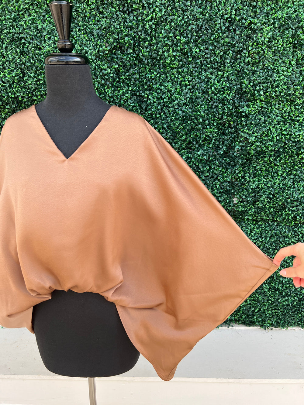 copper bronze satin oversized satin blouse with front tuck at classy womens boutique