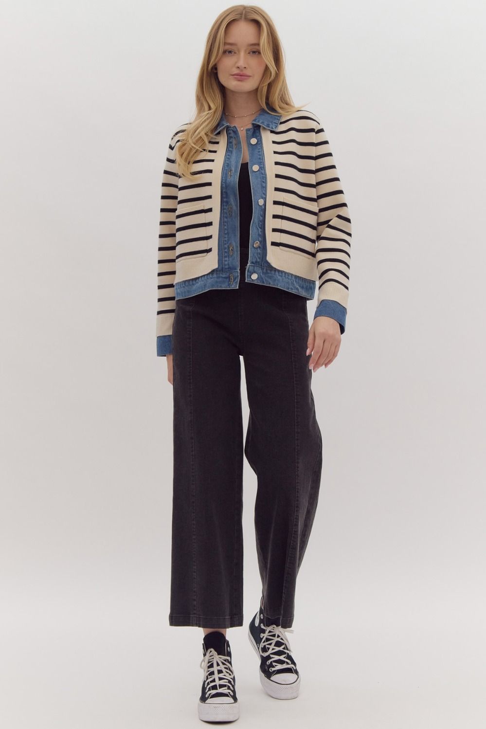 Mock Layered Sweater Over Denim Jacket black stripes on cream background medium wash with pockets