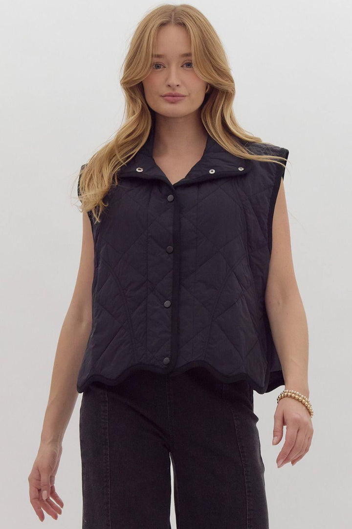 Scallop Hem Quilted Black Vest