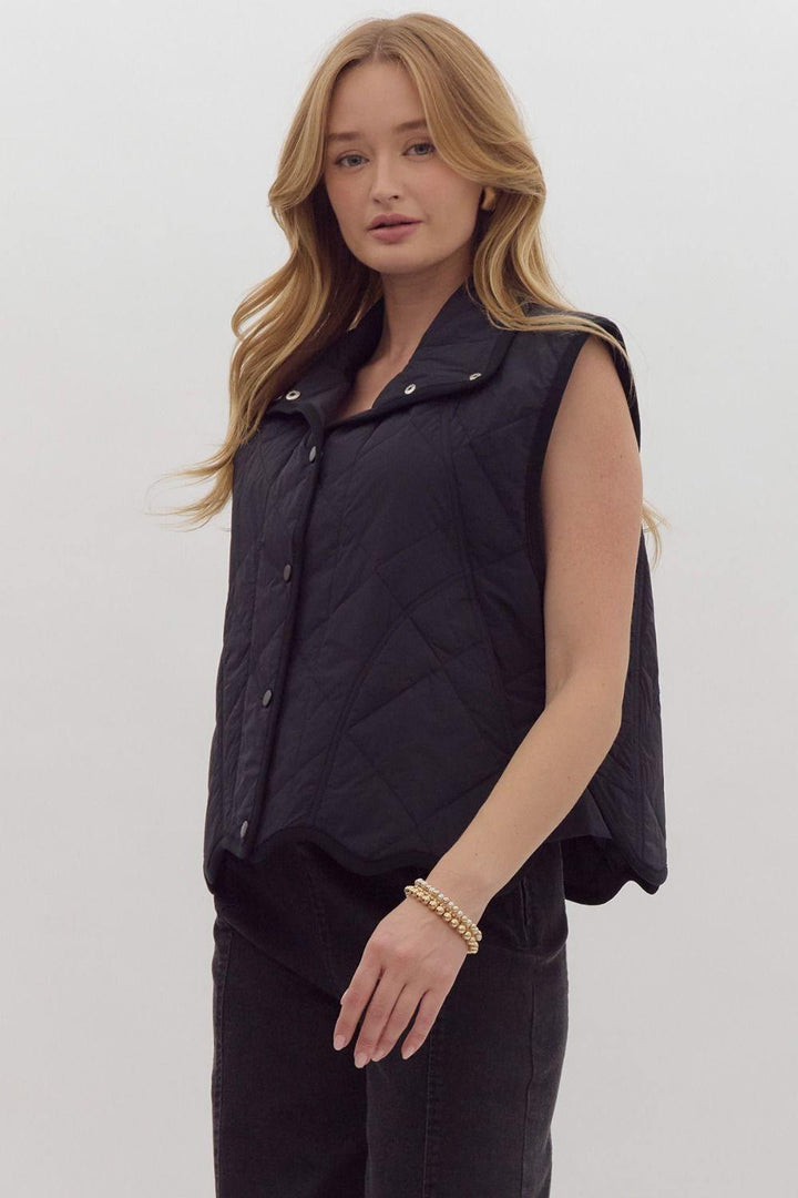 Scallop Hem Quilted Black Vest