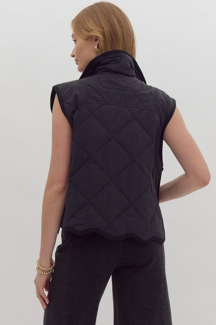 Scallop Hem Quilted Black Vest