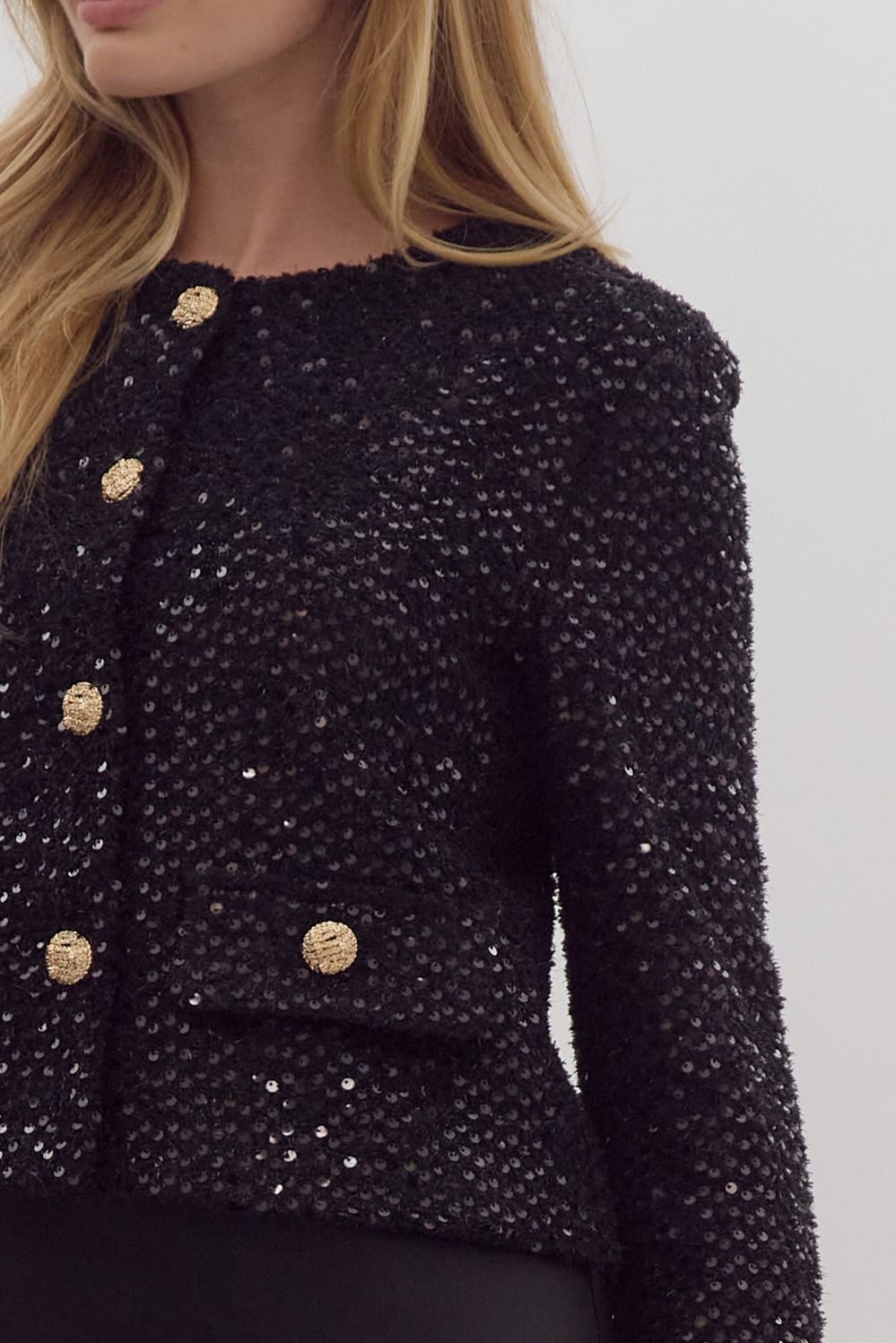 sparkle tweed back with gold buttons womens boutique fall winter 2024 