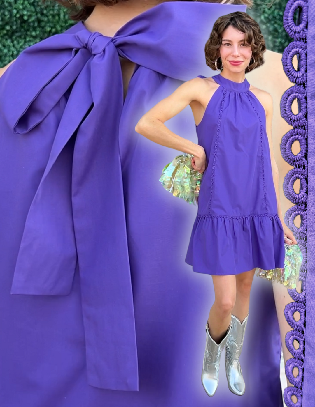 game day dress with pockets UH joy joy fall collection women's boutique bow at back of neck purple