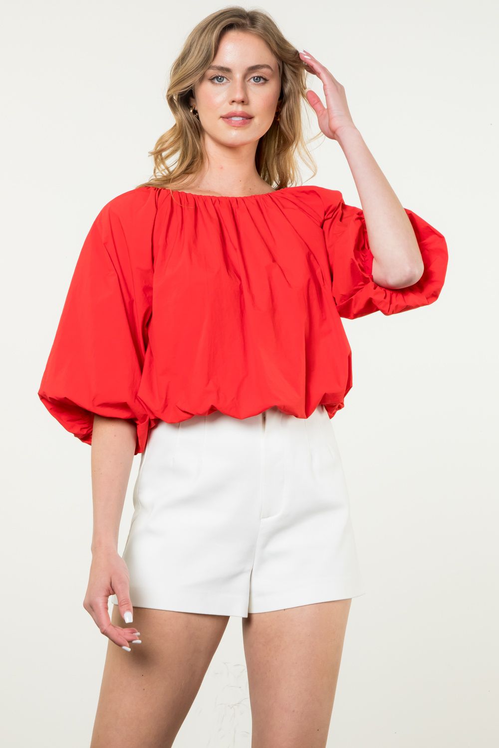 holiday red Elastic neck waist poplin top tres chic womens boutique