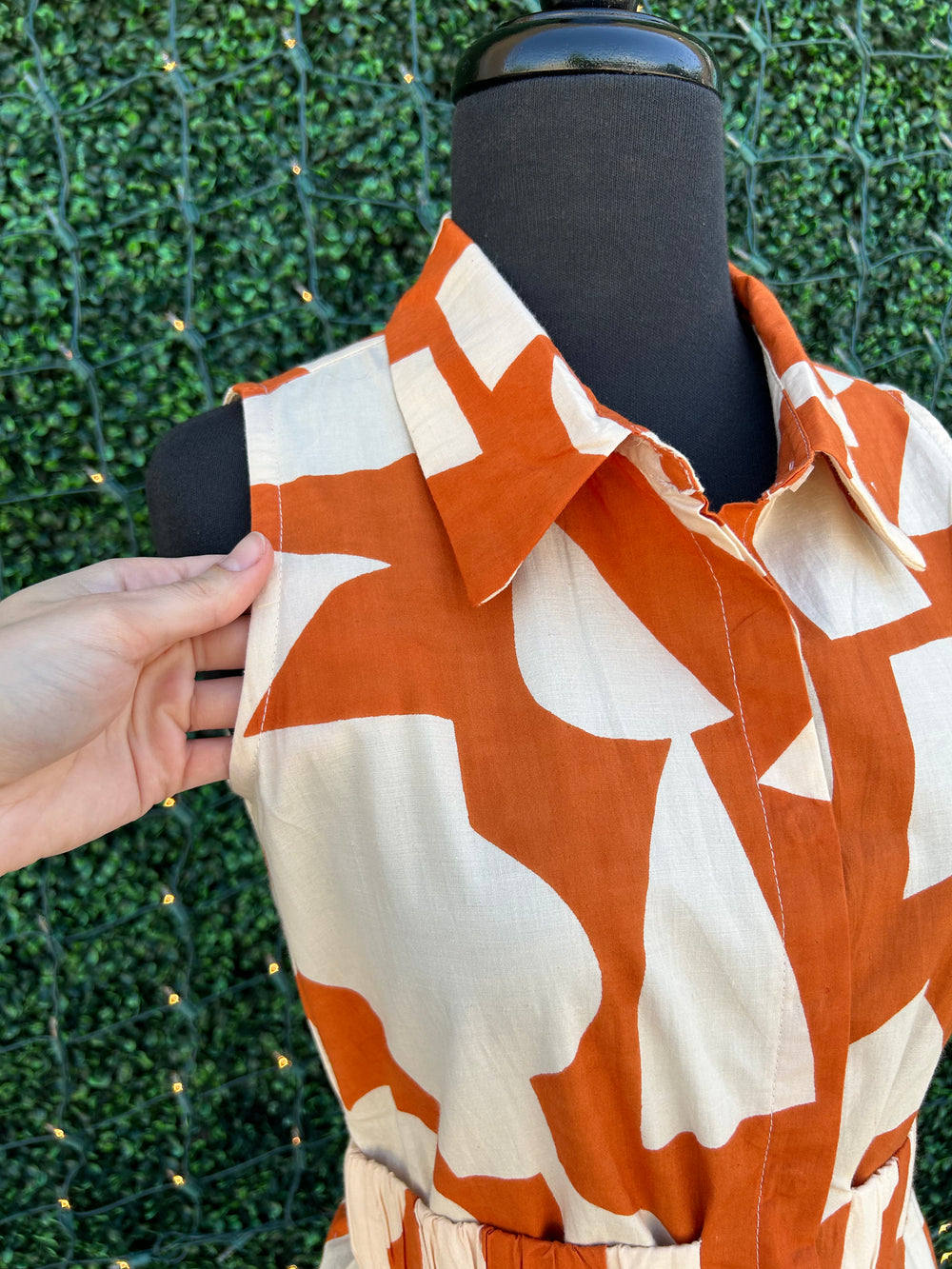 Geometric Print Midi Dress burnt orange cotton dress boutique near me houston texas 