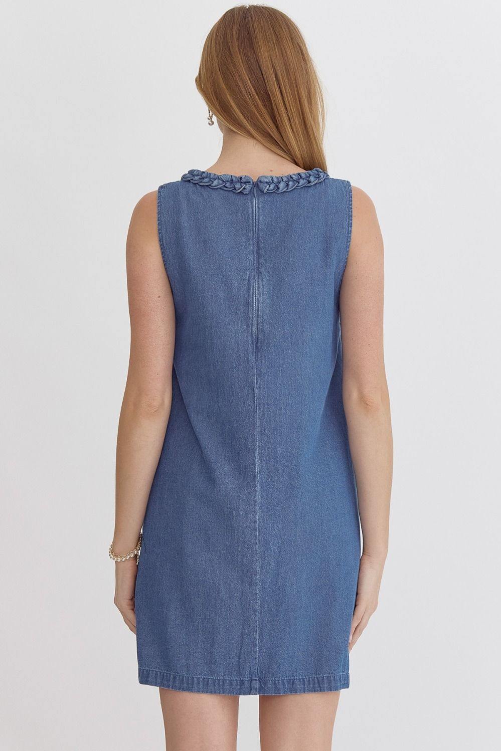 Denim round neck sleeveless mini dress featuring braid detailing entro brand womens boutique