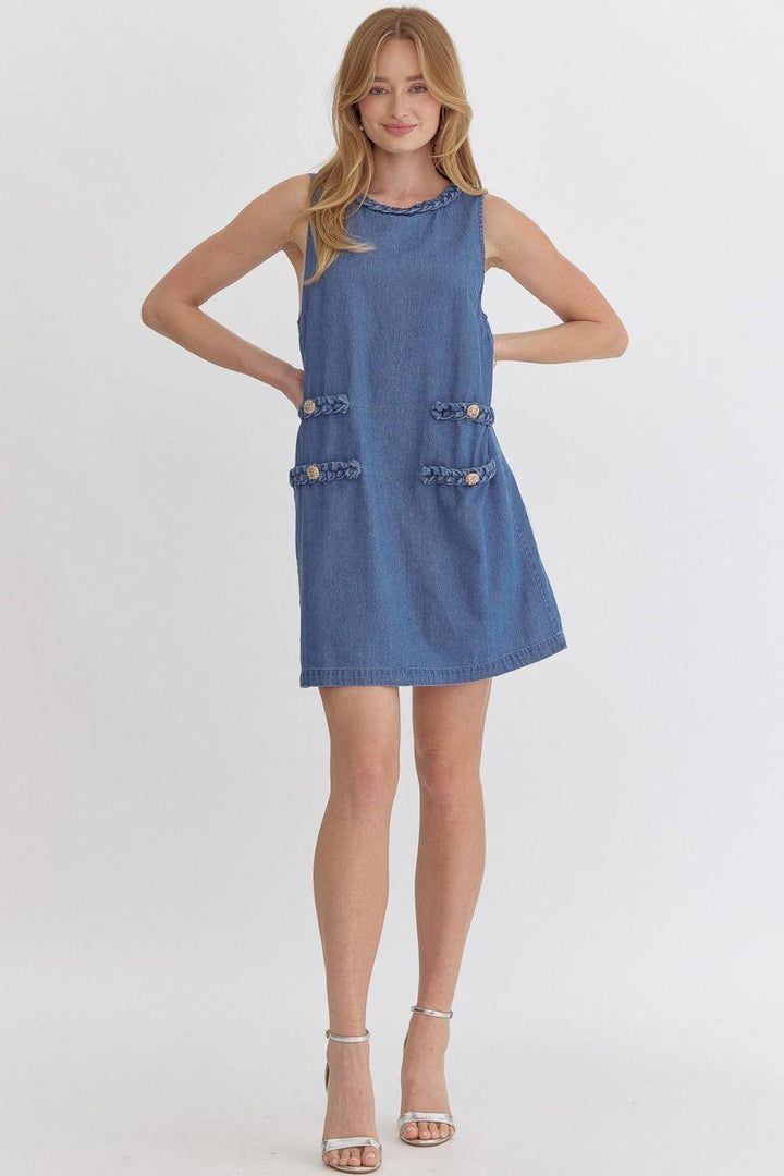 Denim round neck sleeveless mini dress featuring braid detailing entro brand womens boutique