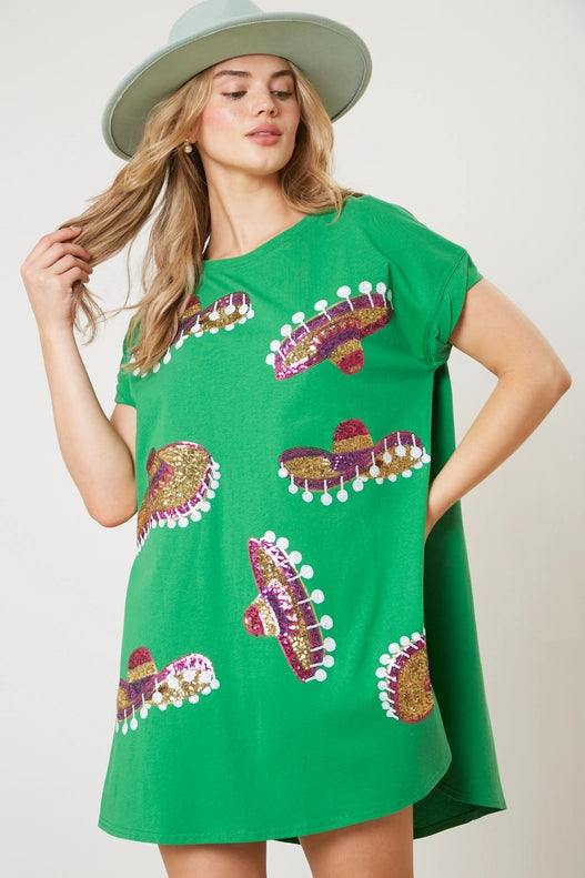 green cotton fiesta dress with sequin sombreros trendy online boutique