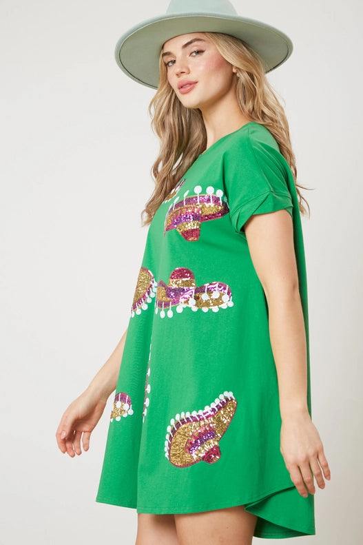 green cotton dress with sequin sombreros trendy online boutique