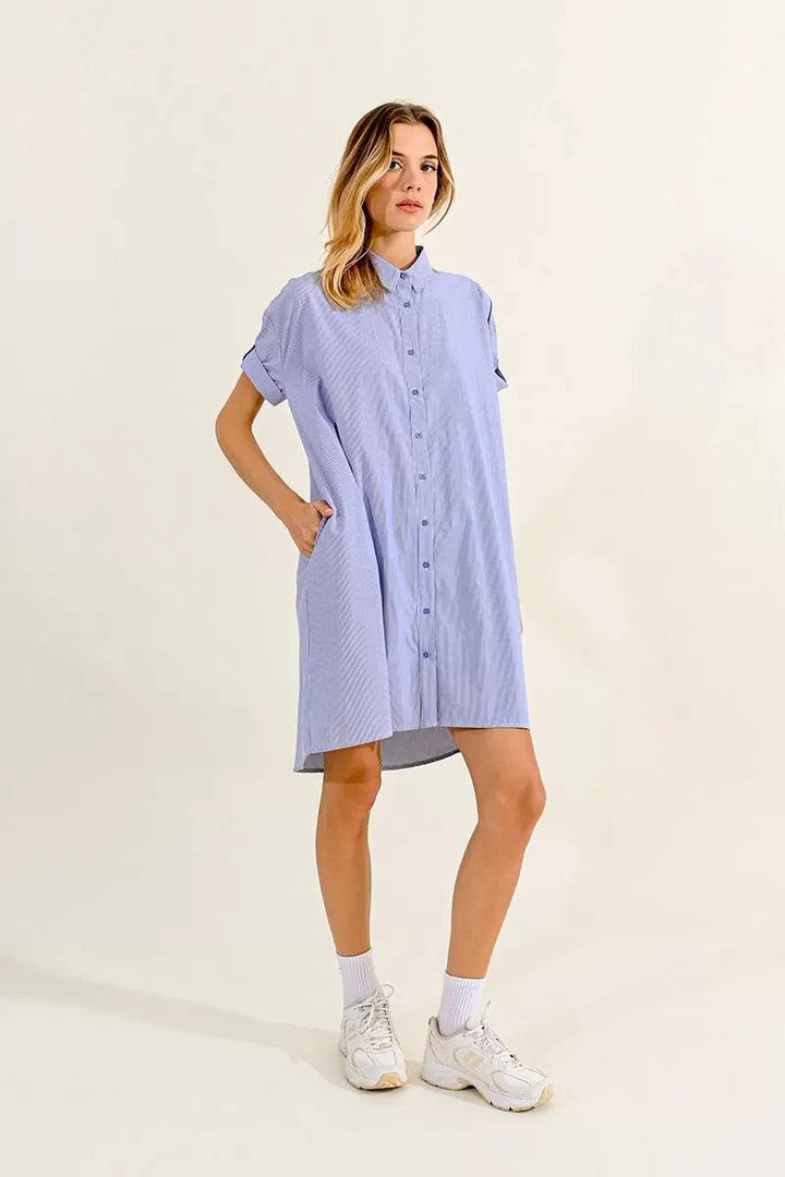 Button-Up Pinstripe Shirt Dress molly bracken womens boutique over 65