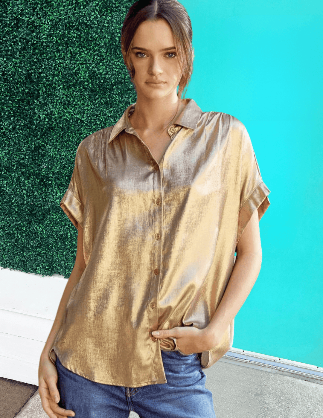 Gold Metallic Blouse button up womens boutique dressy casual