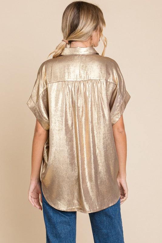 Gold Metallic Blouse button up womens boutique dressy casual