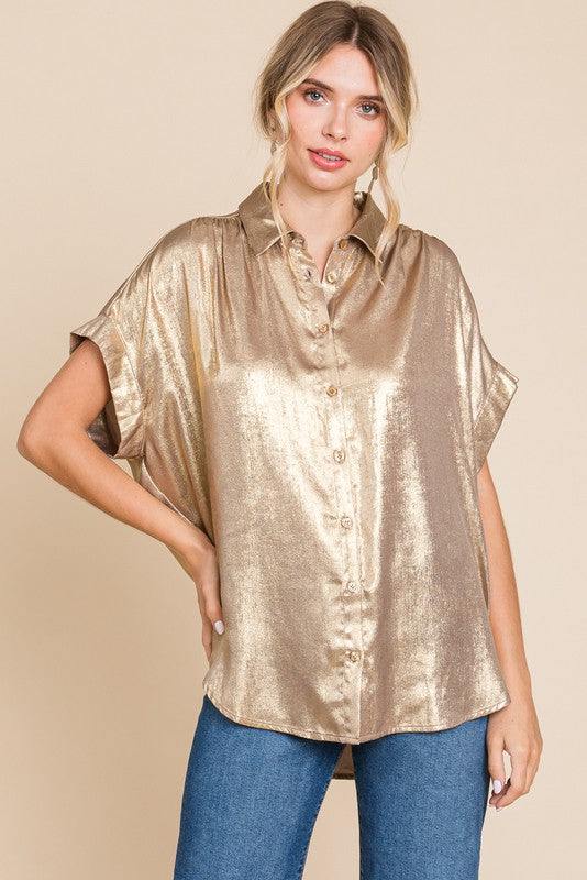 Gold Metallic Blouse button up womens boutique dressy casual