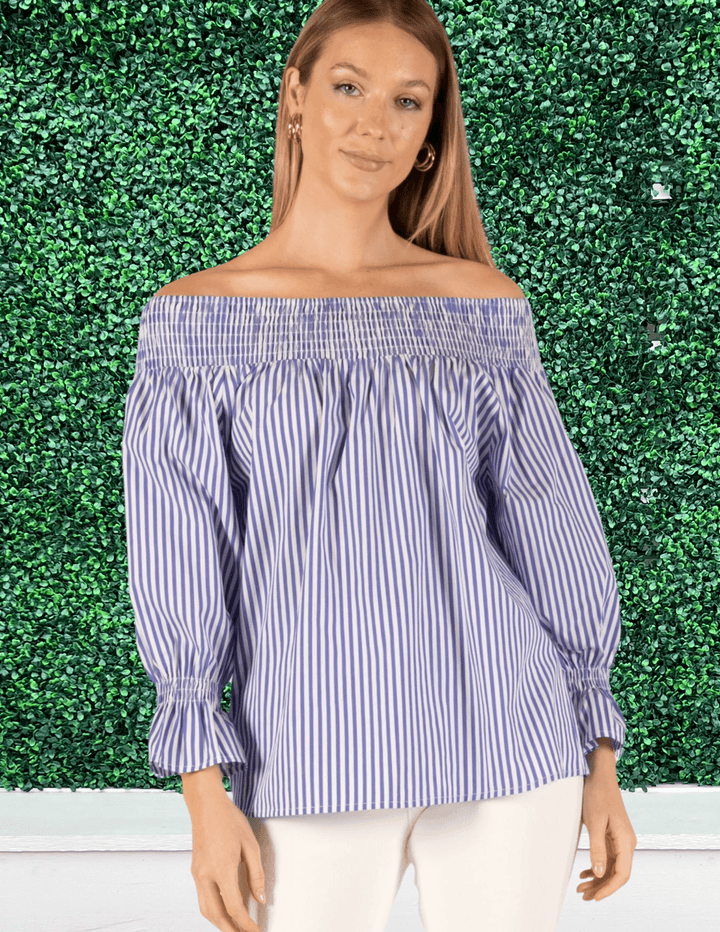 cotton blouse off the shoulder blue and white vertical stripes trendy online boutique