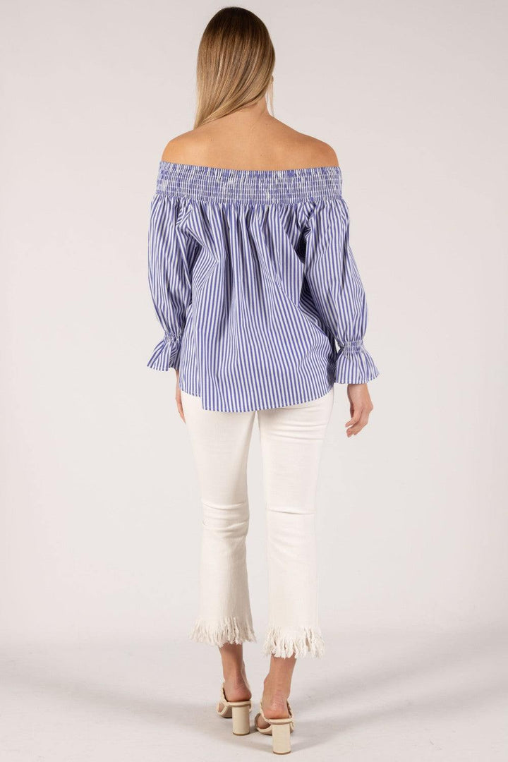 cotton blouse off the shoulder blue and white vertical stripes trendy online boutique