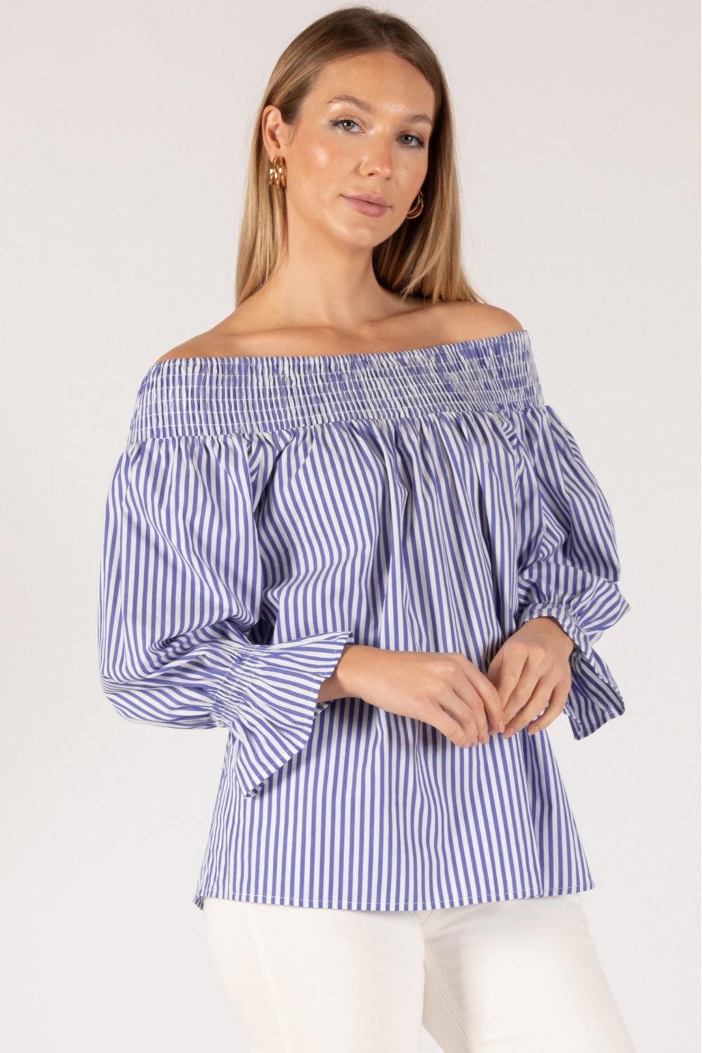 cotton blouse off the shoulder blue and white vertical stripes trendy online boutique